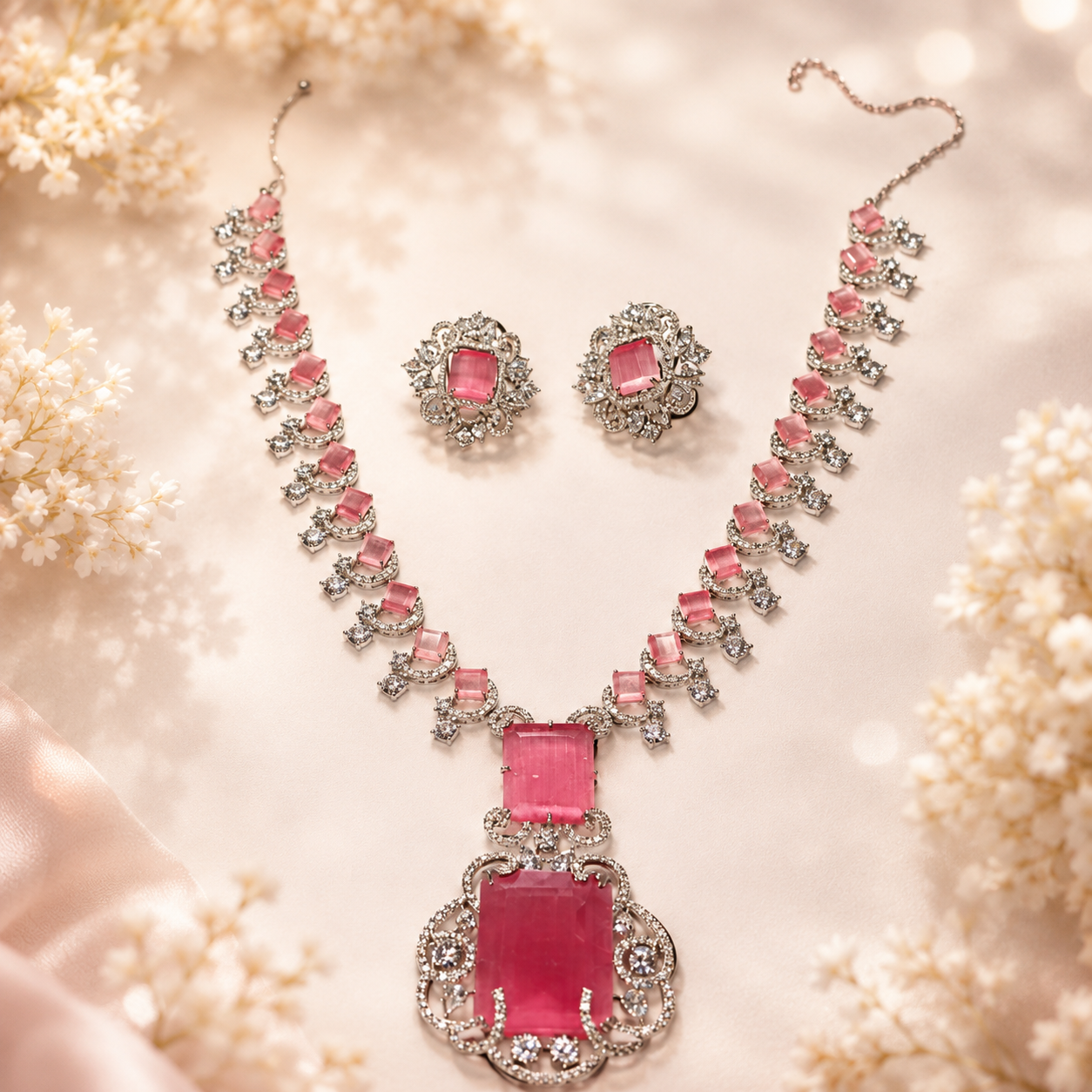 Rose Gold Plated Pink Sapphire & CZ Studded Handcrafted Premium Jewellery Set