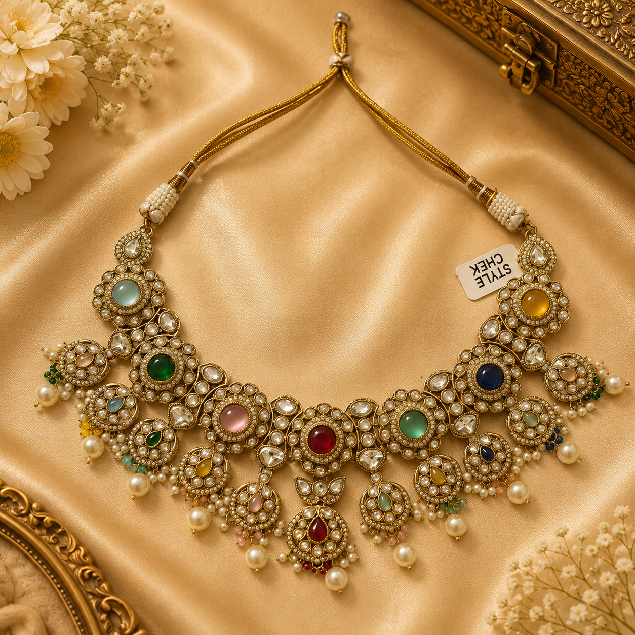multi-color Rubans 22k gold-plated Navratna necklace set studded with Kundan stones
