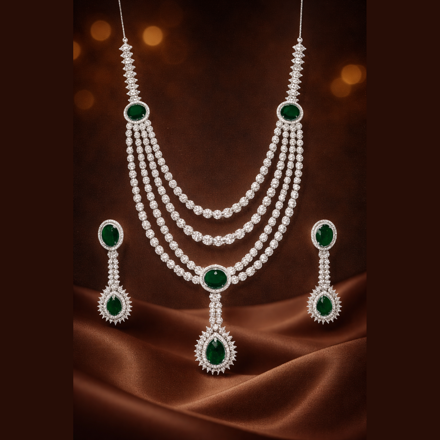 MIRANA Bertina emerald and white cubic zirconia triple-layered necklace set